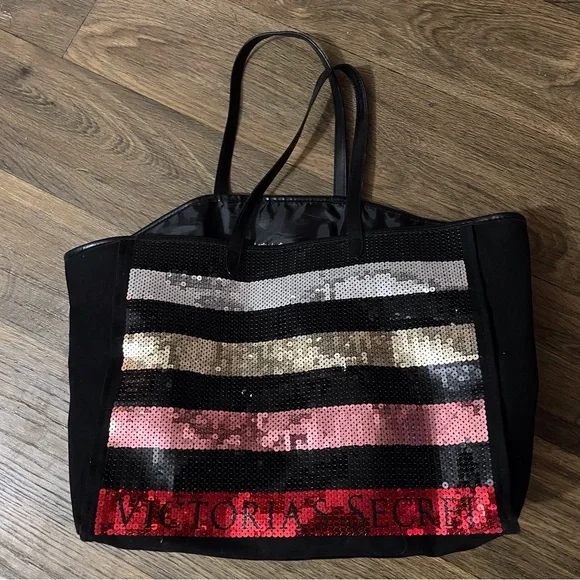 Victoria Secret Striped Sequin Tote Bag - Picture 1 of 3